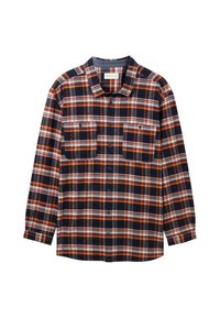 Karierte Flanellbluse in Marineblau mit orangefarbenem und cremefarbenem Muster. Mit klassischem Kragen, zwei Brusttaschen und durchgehender Knopfleiste.