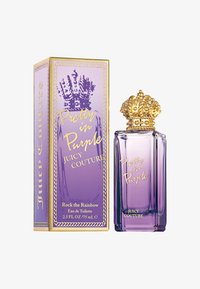 Lila Glasflasche mit einem goldenen kronenförmigen Deckel, auf dem der Text "Pretty in Purple" steht, sowie einer passenden lila Box mit goldenen Akzenten.