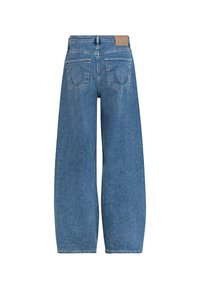 Wijduitlopende blauwe denim jeans met een hoge taille, met twee achterzakken en een leren label bij de taille. Gestructureerde stof met een klassieke afwerking.