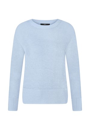 Light blue knitted sweater with a round neckline, long sleeves, and ribbed hem and cuffs. Soft texture and relaxed fit.
