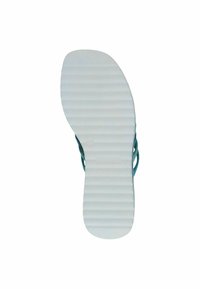 Sandală flip-flop cu un suport alb neted, cu strițe orizontale, bretele teal cu un design elegant, material ușor și fără hardware vizibil.