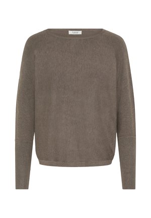 Brown knit sweater with a loose fit, round neckline, and long sleeves featuring ribbed accents at the cuffs and hem. Soft texture.