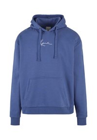 Felpa blu con tasca frontale, cappuccio con coulisse e logo scritto a mano bianco sul petto. Realizzata in morbido cotone.