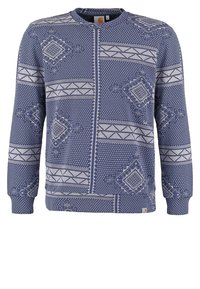 Felpa blu marina con maniche lunghe, caratterizzata da motivi geometrici bianchi, scollo rotondo e polsini e fondo a coste.