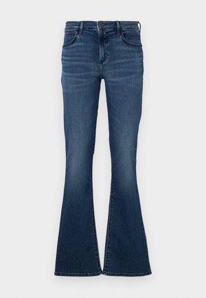 Tumši zili platleņķa džinsi ar piecu kabatu dizainu, denima materiālu, jostu ar pogu aizdari un nelielu izbalēšanu priekšpusē.