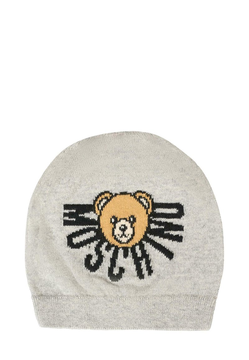 Beanie grigio lavorato a maglia con un design di faccia d'orso in beige e dettagli neri, con linee nere che si irradiano verso l'esterno dall'orso.