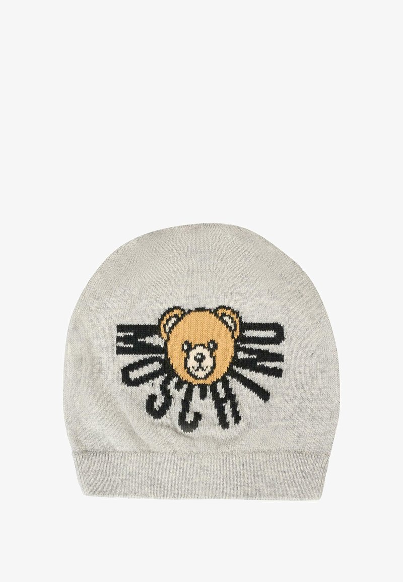 Beanie grigio lavorato a maglia con un design di faccia d'orso in beige e dettagli neri, con linee nere che si irradiano verso l'esterno dall'orso.