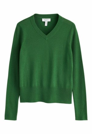 Green long-sleeve knit sweater with V-neck and ribbed cuffs and hem, size small, displayed on a white background.