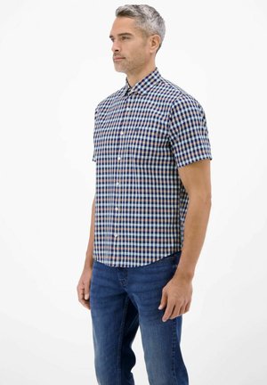 Mężczyzna w niebiesko-biało-brązowej kraciastej koszuli z krótkim rękawem i niebieskich dżinsach, stojący z rękami swobodnie opuszczonymi wzdłuż ciała, zwrócony w lewo.