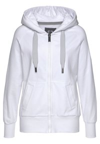 Weißer Zip-Hoodie mit Kapuze und Kordelzug, zwei Vordertaschen, gerippten Bündchen und weichem Baumwollmaterial. Akzentuiert mit grauen Kordeln.