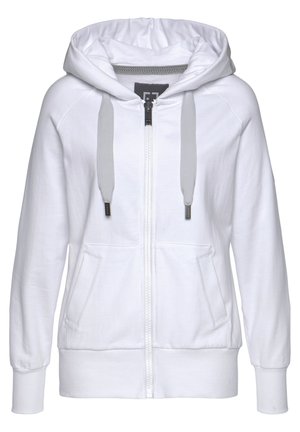 White zip-up hoodie featuring a drawstring hood, two front pockets, ribbed cuffs, and a soft cotton material. Accented with grey drawstrings.