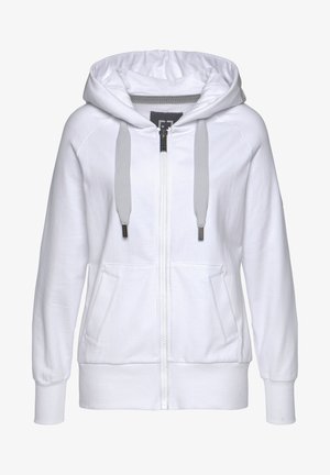 Weißer Zip-Hoodie mit Kapuze und Kordelzug, zwei Vordertaschen, gerippten Bündchen und weichem Baumwollmaterial. Akzentuiert mit grauen Kordeln.