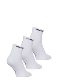 Chaussettes blanches en coton de type crew avec un poignet côtelé et le logo noir "O'Neill" sur le côté, présentées en un ensemble de trois paires.