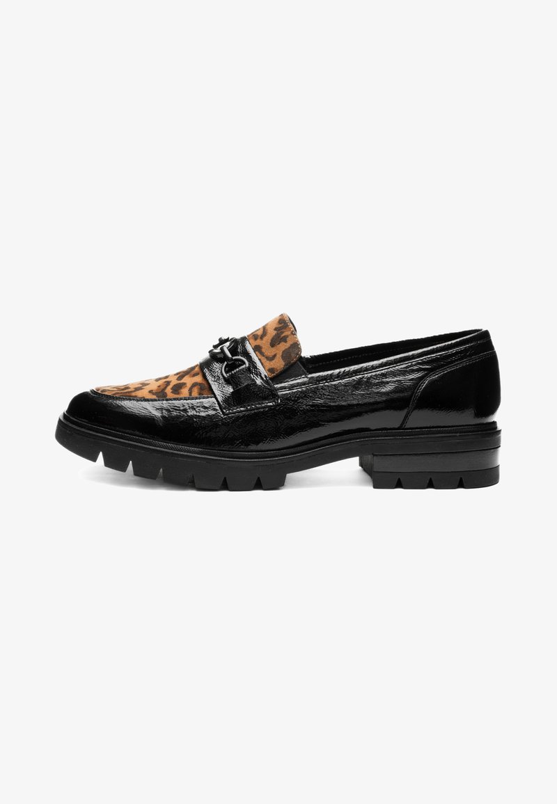Black patent leather loafer with chunky sole, leopard print upper panel, and decorative metal buckle on side.