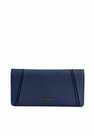 Portefeuille en cuir texturé bleu marine avec surpiqûres diagonales et logo doré « PICARD » centré sur le rabat avant.