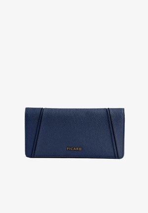 Portefeuille en cuir texturé bleu marine avec surpiqûres diagonales et logo doré « PICARD » centré sur le rabat avant.
