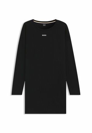 Sort langærmet top lavet af bomuld, med rund halsudskæring og et hvidt "BOSS" logo centreret på brystet, minimalistisk design.