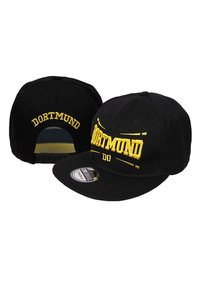 Black snapback cap featuring embroidered "DORTMUND" in yellow on the front and back, with flat brim and adjustable strap.