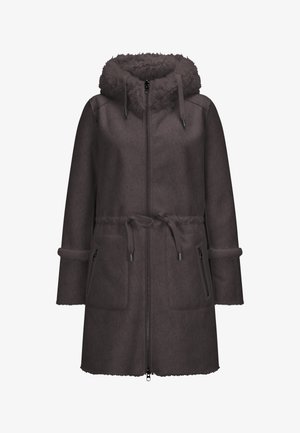 Dunkelbrauner Außenmantel mit flauschiger Kapuze, Reißverschluss, verstellbarem Taillengurt und zwei Seitentaschen; die weiche Fischgrättextur verleiht dem Design eine besondere Note.