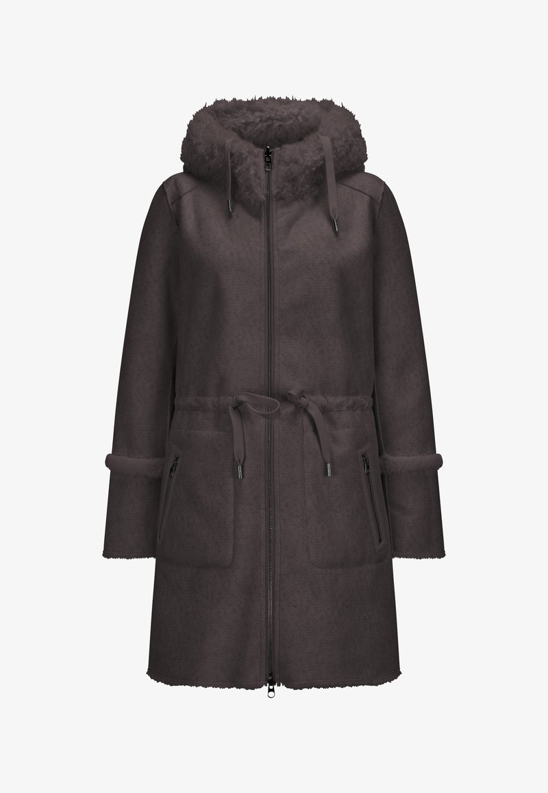 Dunkelbrauner Außenmantel mit flauschiger Kapuze, Reißverschluss, verstellbarem Taillengurt und zwei Seitentaschen; die weiche Fischgrättextur verleiht dem Design eine besondere Note.