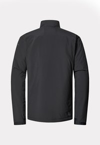 Heren zwarte jas met een staande kraag, zachte textuur, lange mouwen en een minimalistisch ontwerp. Beschikt over een verborgen rits en verstevigde naden.
