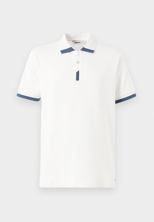 White polo shirt with blue accents on the collar and sleeves, featuring a zippered front design and a textured fabric.