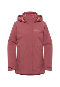 Veste rose imperméable en matériau synthétique, avec une capuche, des poches avant et des poignets ajustables pour un fit sécurisé.