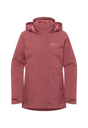 Wasserdichte rosa Jacke aus synthetischem Material, ausgestattet mit einer Kapuze, Fronttaschen und verstellbaren Bündchen für einen sicheren Sitz.