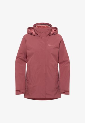 Giacca rosa impermeabile realizzata in materiale sintetico, dotata di cappuccio, tasche frontali e polsini regolabili per una vestibilità sicura.