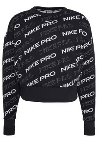 Felpa corta nera realizzata in tessuto elasticizzato con stampa bianca "NIKE PRO" su tutta la superficie. Include polsini e orlo a costine per un look aderente.
