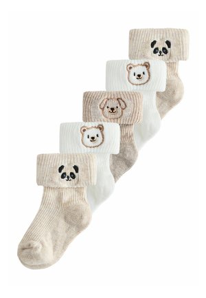 Vijf paar geribbelde babysokjes in beige en wit met opgerolde boordjes, elk voorzien van geborduurde dierengezichten, waaronder panda, beer en hond.