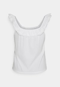 Haut blanc sans manches en tissu côtelé, avec un col à volants orné d'une bordure festonnée et une texture douce.