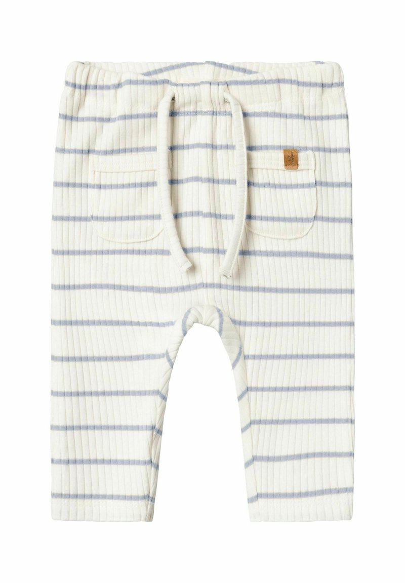 Un pantalon de couleur crème avec des rayures bleu clair, doté d'une taille élastique et de deux poches arrière, conçu pour les tout-petits.