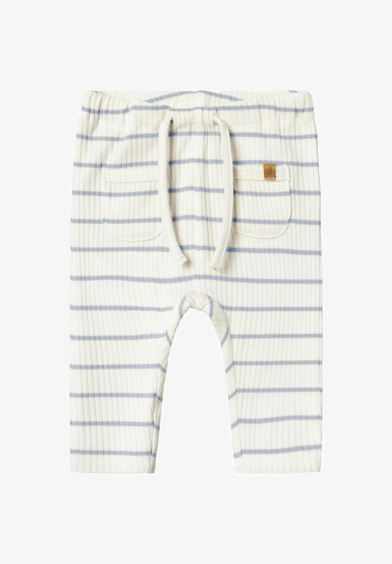 Un pantalon de couleur crème avec des rayures bleu clair, doté d'une taille élastique et de deux poches arrière, conçu pour les tout-petits.