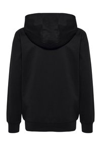 Schwarzes Kapuzenshirt mit Kordelzug, gerippten Bündchen und Saum. Glatte Textur und ein einfarbiges Muster, entworfen für eine lässige Passform.