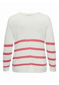 Maglione da donna in tessuto knit bianco con strisce orizzontali rosa. Il design presenta un collo rotondo e maniche lunghe.