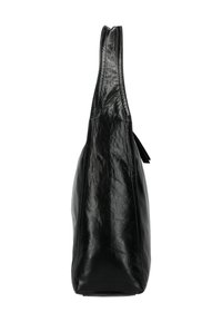 Borsa tote in pelle nera con una texture liscia, cima stretta, base ampia e un design minimalista. Include un sottile accento laterale.