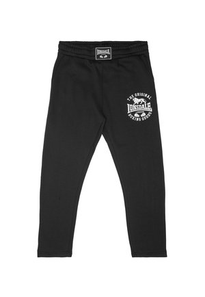 Pantaloni della tuta con vita elastica neri con logo bianco Lonsdale London e grafica di guantoni da boxe sulla parte superiore della coscia destra e sulla vita.
