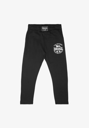 Pantaloni della tuta con vita elastica neri con logo bianco Lonsdale London e grafica di guantoni da boxe sulla parte superiore della coscia destra e sulla vita.