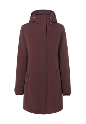 Long maroon hooded winter coat with front zipper and two zippered pockets, designed for cold weather and outdoor use.