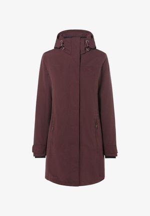 Lungo cappotto invernale bordeaux con cappuccio, dotato di zip frontale e due tasche con zip, progettato per il clima freddo e l'uso all'aperto.