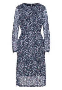 Kukkamekko pitkillä läpinäkyvillä hihoilla, tummansininen tausta ja pieniä vaaleanpunaisia ja valkoisia kukkia. Siinä on kuminauhakiristys vyötäröllä ja polvipituinen helma.