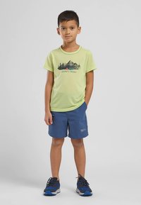 Šviesiai žalia marškinėliai su kalnų grafika, derinami su mėlynais šortais. Apranga pasižymi laisvo silueto stiliumi, tinkama aktyviam dėvėjimui. Juodi ir mėlyni sportbačiai.