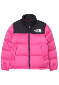 Ró�żowa kurtka puchowa z czarną górną częścią. Posiada wysoki kołnierz, zamek błyskawiczny z przodu oraz logo na klatce piersiowej. Zawiera boczne kieszenie i ściągacze na rękawach.