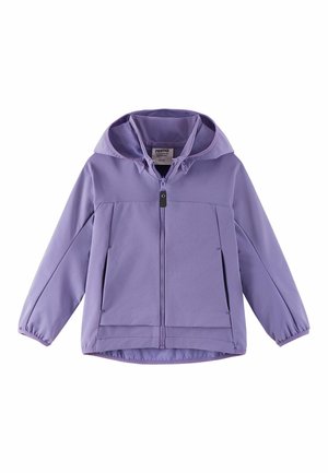 Lila Kapuzenjacke mit Frontreißverschluss, elastischen Bündchen und zwei Seitentaschen, entworfen für Kinder.