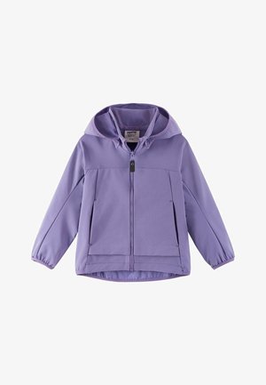 Fioletowa kurtka z kapturem, z przednim zamkiem błyskawicznym, elastycznymi mankietami i dwoma bocznymi kieszeniami, zaprojektowana dla dzieci.