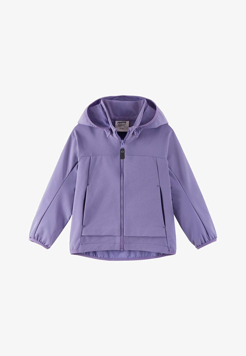 Veste à capuche violette avec fermeture éclair frontale, poignets élastiques et deux poches latérales, conçue pour les enfants.
