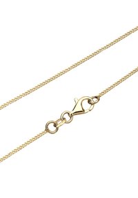 Guldtonet metalhalskæde med et vævet design, der har en krabbe-lås og cirkulære led for justerbar længde.