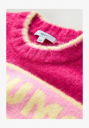 Roze gebreide trui met een ronde hals, gestructureerde stof en gele accenten met vetgedrukte letters op het onderste gedeelte. Label zichtbaar.