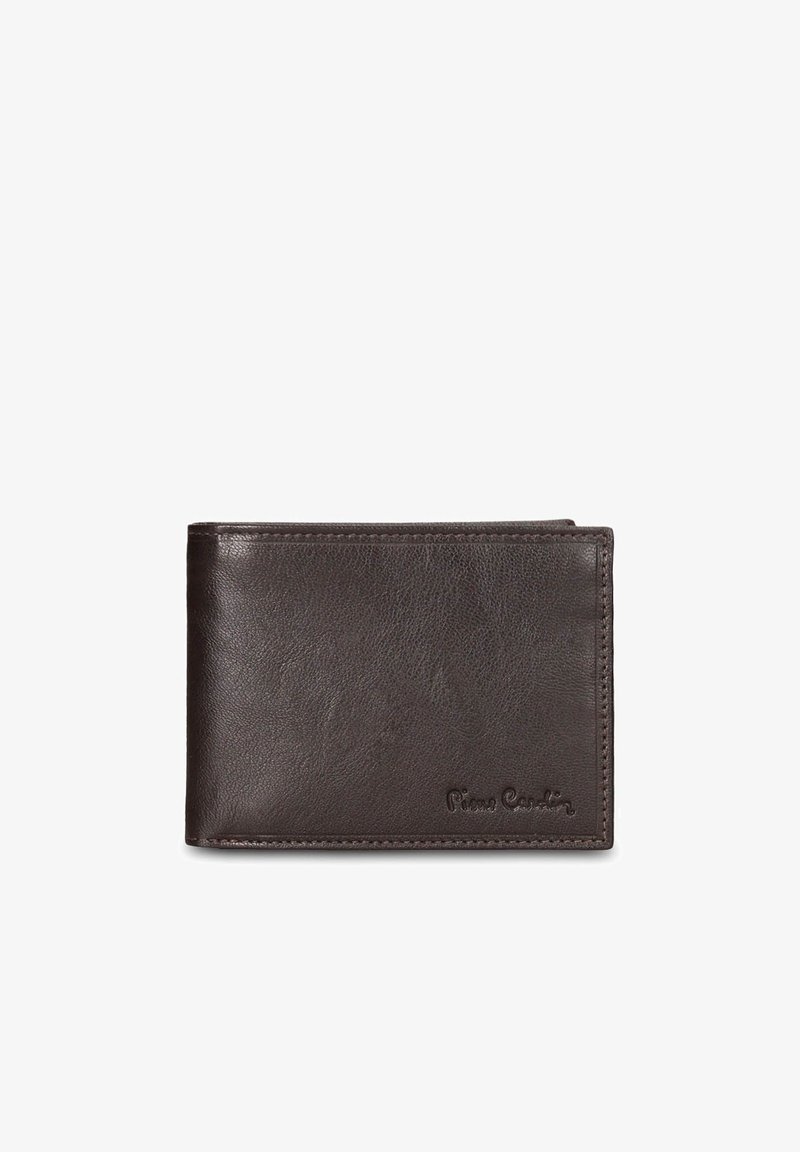 Donkere bruine leren portemonnee met een gladde textuur, bi-fold ontwerp en gestikte randen. Voorzien van een geperst logo aan de voorkant.